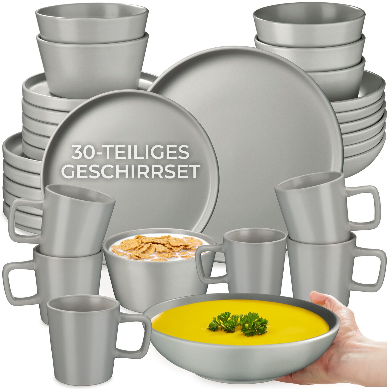 tectake® Kombiservice, für 6 Personen, aus Steingut, mit Glasur, ineinander stapelbar