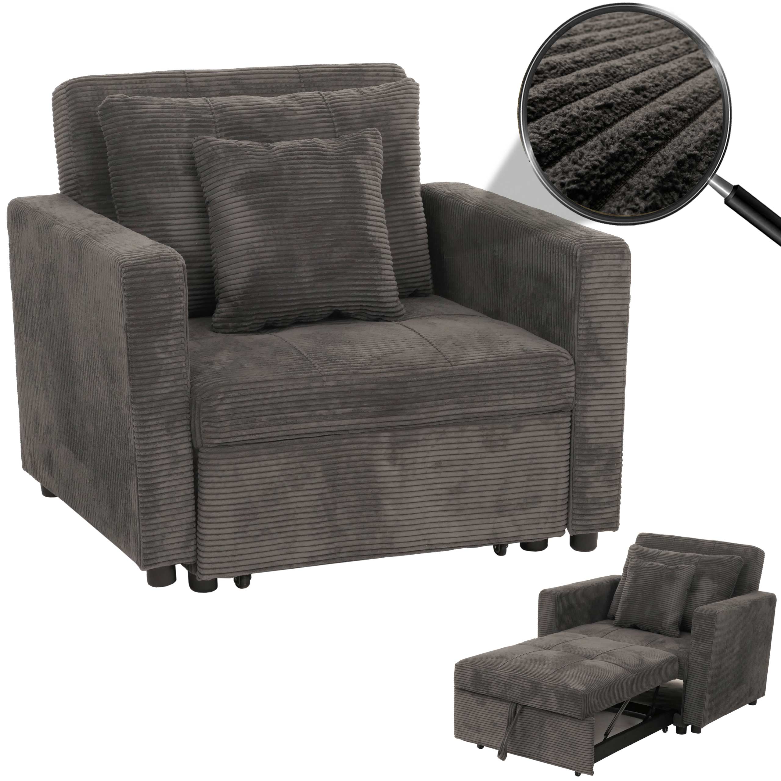 Schlafsessel MCW-L90, Klappsessel G&auml;stebett Relaxsessel, Liegefl&auml;che 200x100cm Stoff/Textil Cord ~ dunkelgrau 