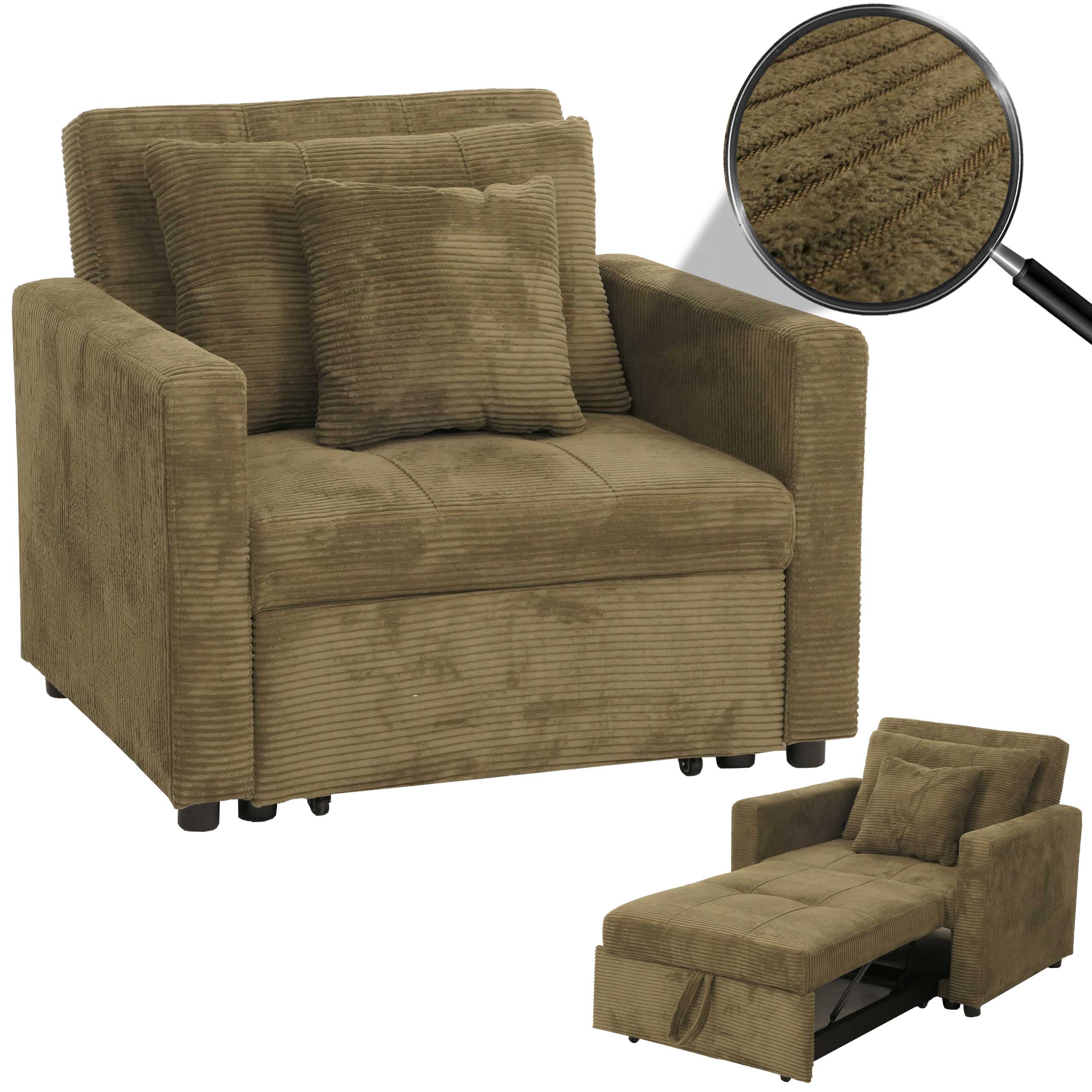 Schlafsessel MCW-L90, Klappsessel G&auml;stebett Relaxsessel, Liegefl&auml;che 200x100cm Stoff/Textil Cord ~ gr&uuml;n 