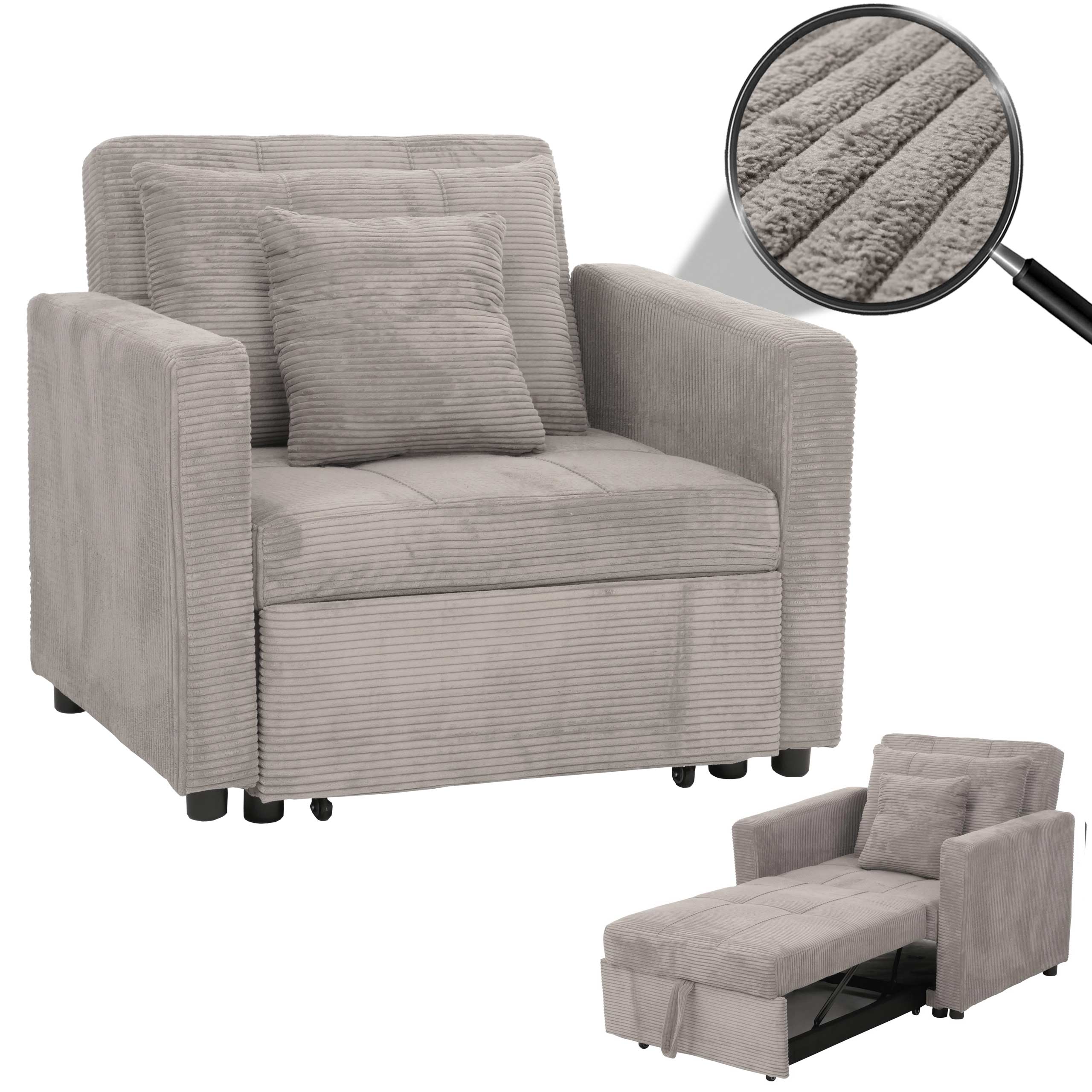 Schlafsessel MCW-L90, Klappsessel G&auml;stebett Relaxsessel, Liegefl&auml;che 200x100cm Stoff/Textil Cord ~ hellgrau 