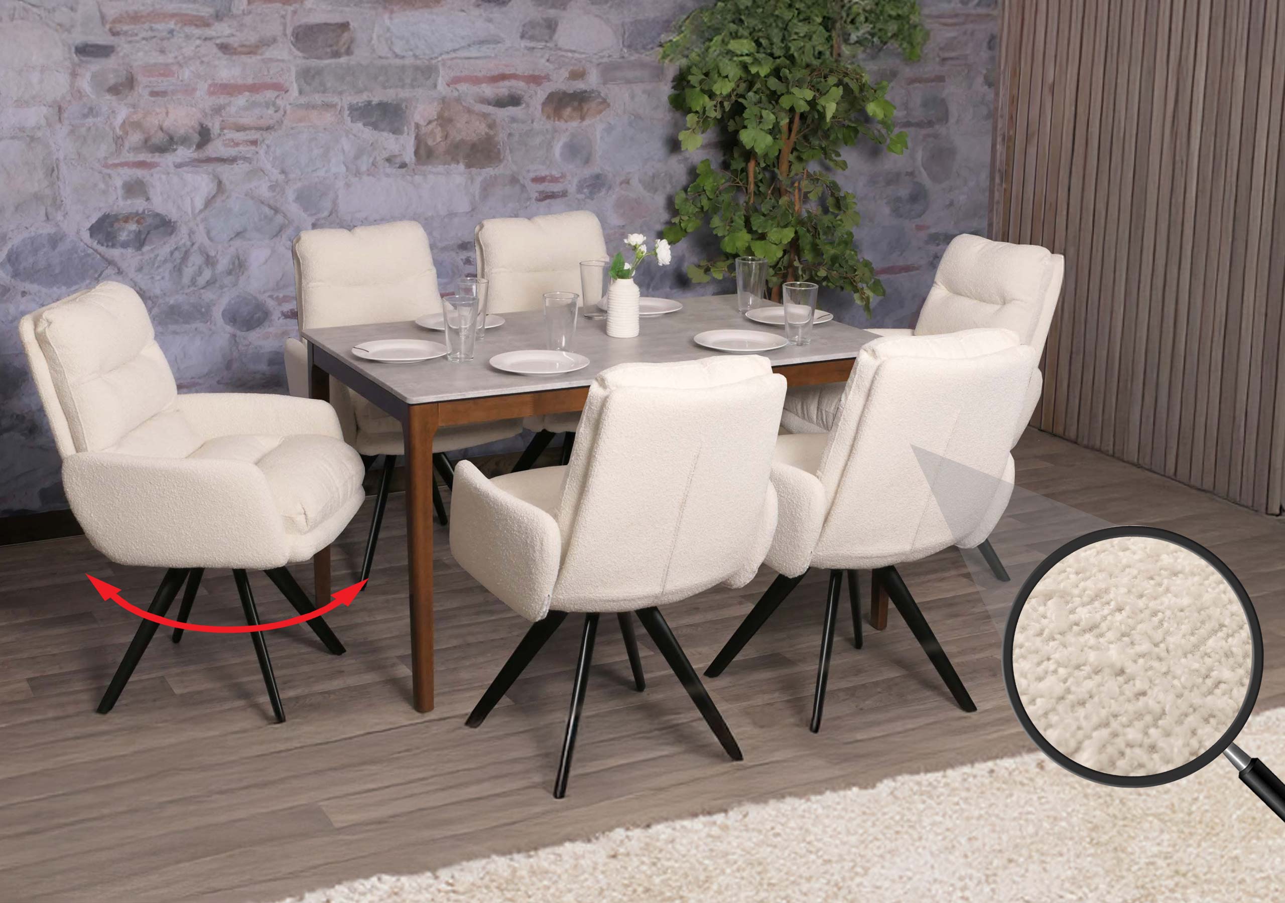 6er-Set Esszimmerstuhl MCW-G66, K&uuml;chenstuhl, drehbar Auto-Position Stoff/Textil Boucl&eacute; MVG ~ cremewei&szlig;, mit Armlehne 