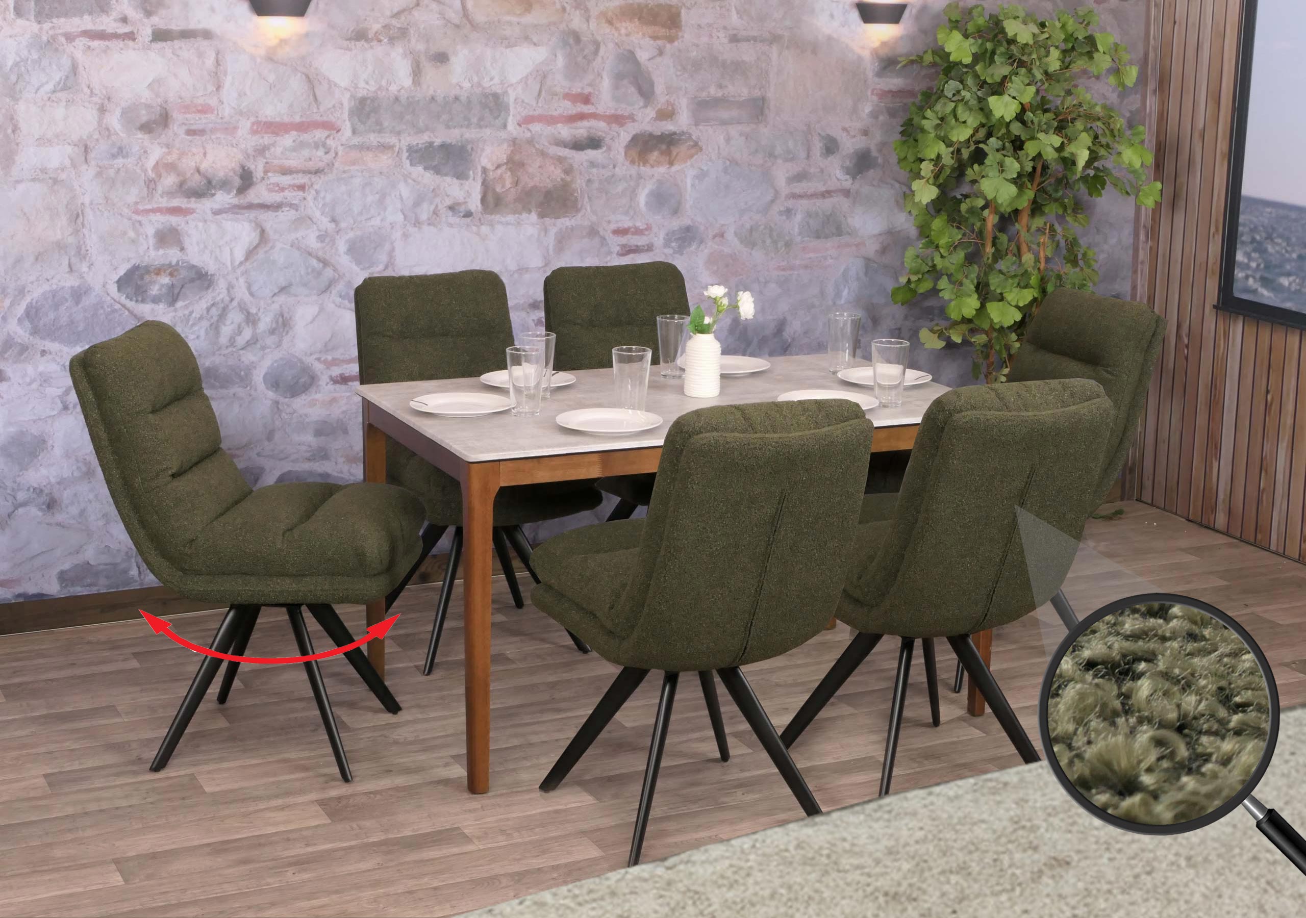 6er-Set Esszimmerstuhl MCW-G66, K&uuml;chenstuhl, drehbar Auto-Position Stoff/Textil Boucl&eacute; MVG ~ gr&uuml;n 