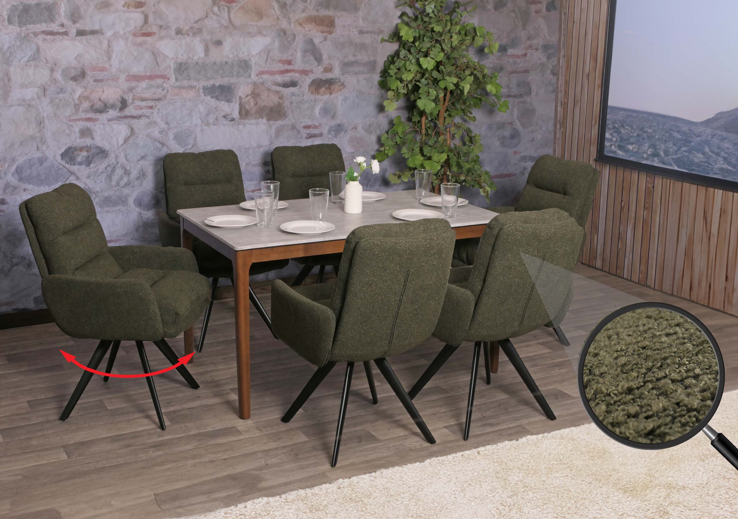 6er-Set Esszimmerstuhl MCW-G66, K&uuml;chenstuhl, drehbar Auto-Position Stoff/Textil Boucl&eacute; MVG ~ gr&uuml;n, mit Armlehne 