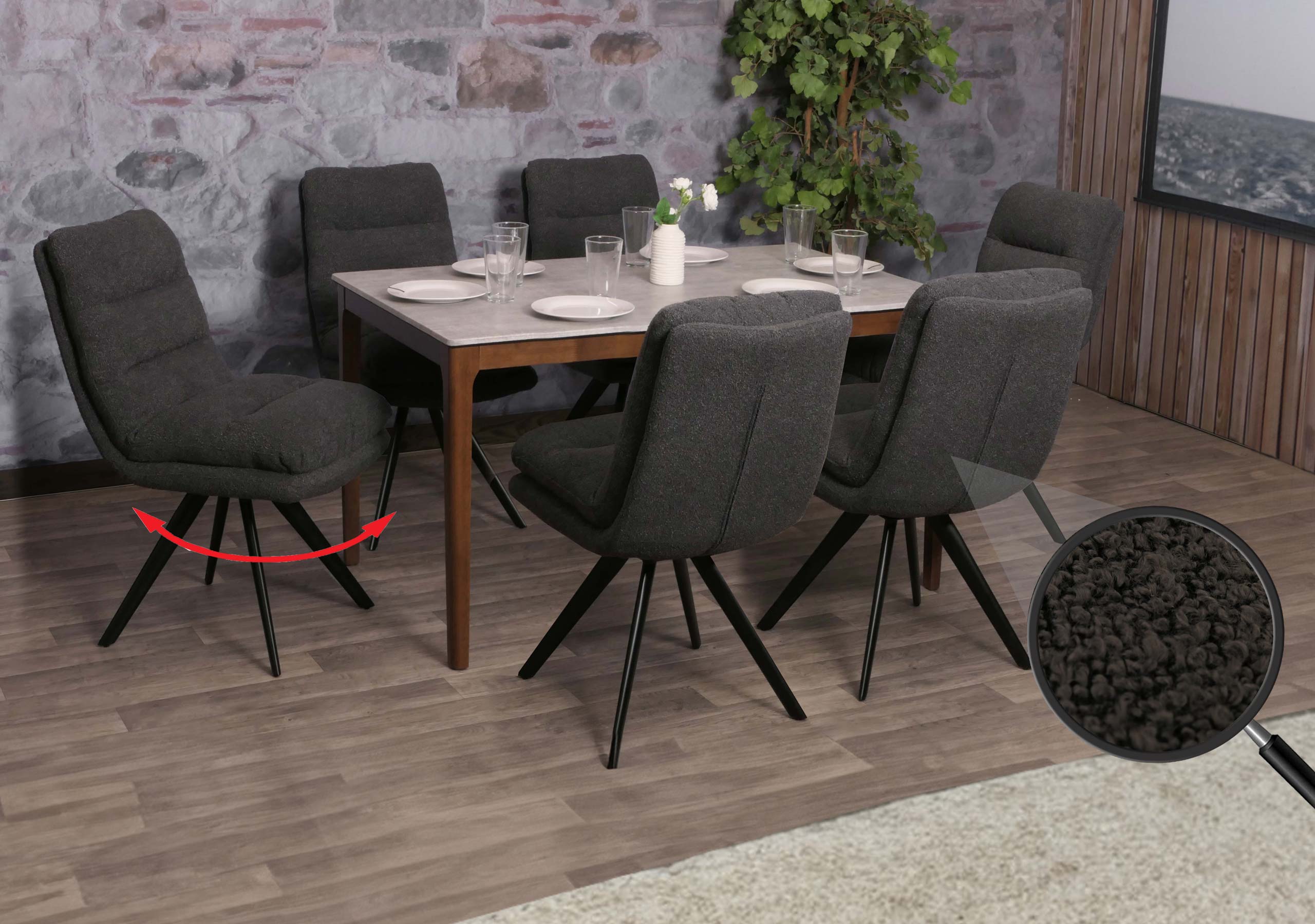 6er-Set Esszimmerstuhl MCW-G66, K&uuml;chenstuhl, drehbar Auto-Position Stoff/Textil Boucl&eacute; MVG ~ dunkelgrau 
