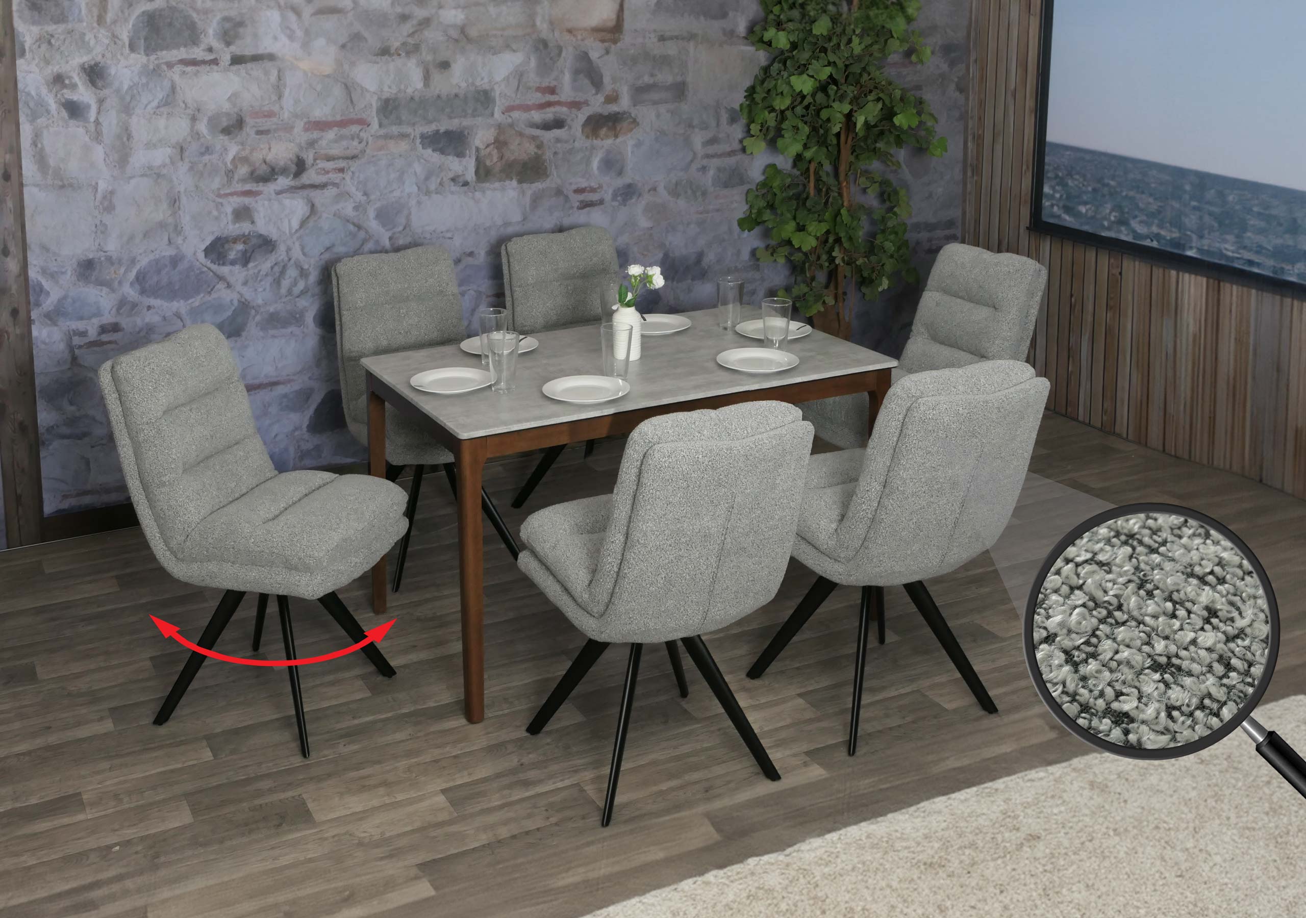6er-Set Esszimmerstuhl MCW-G66, K&uuml;chenstuhl, drehbar Auto-Position Stoff/Textil Boucl&eacute; MVG ~ hellgrau 