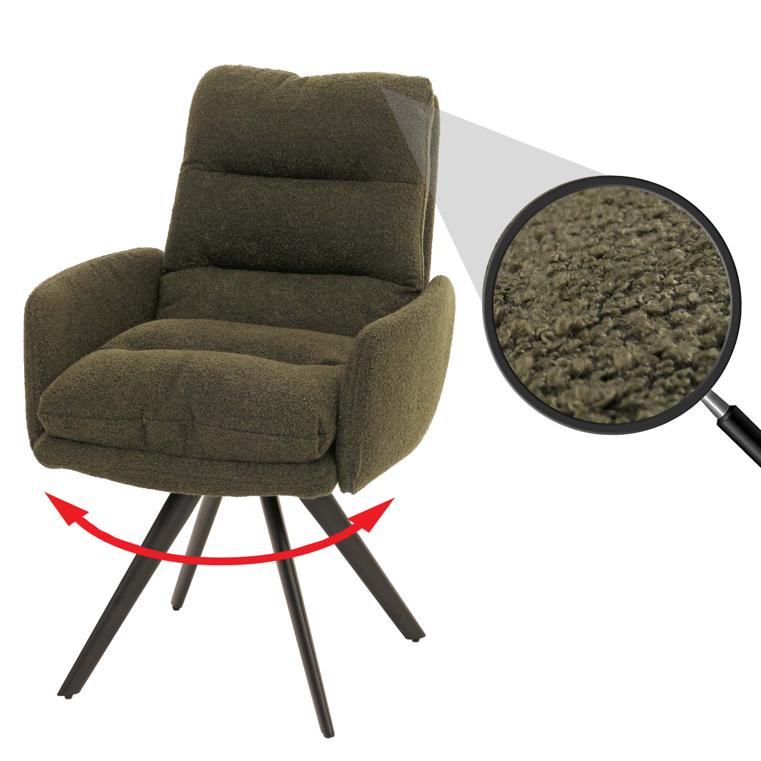 Esszimmerstuhl MCW-G66, K&uuml;chenstuhl Stuhl, drehbar Auto-Position Stoff/Textil Boucl&eacute; MVG ~ gr&uuml;n, mit Armlehne 