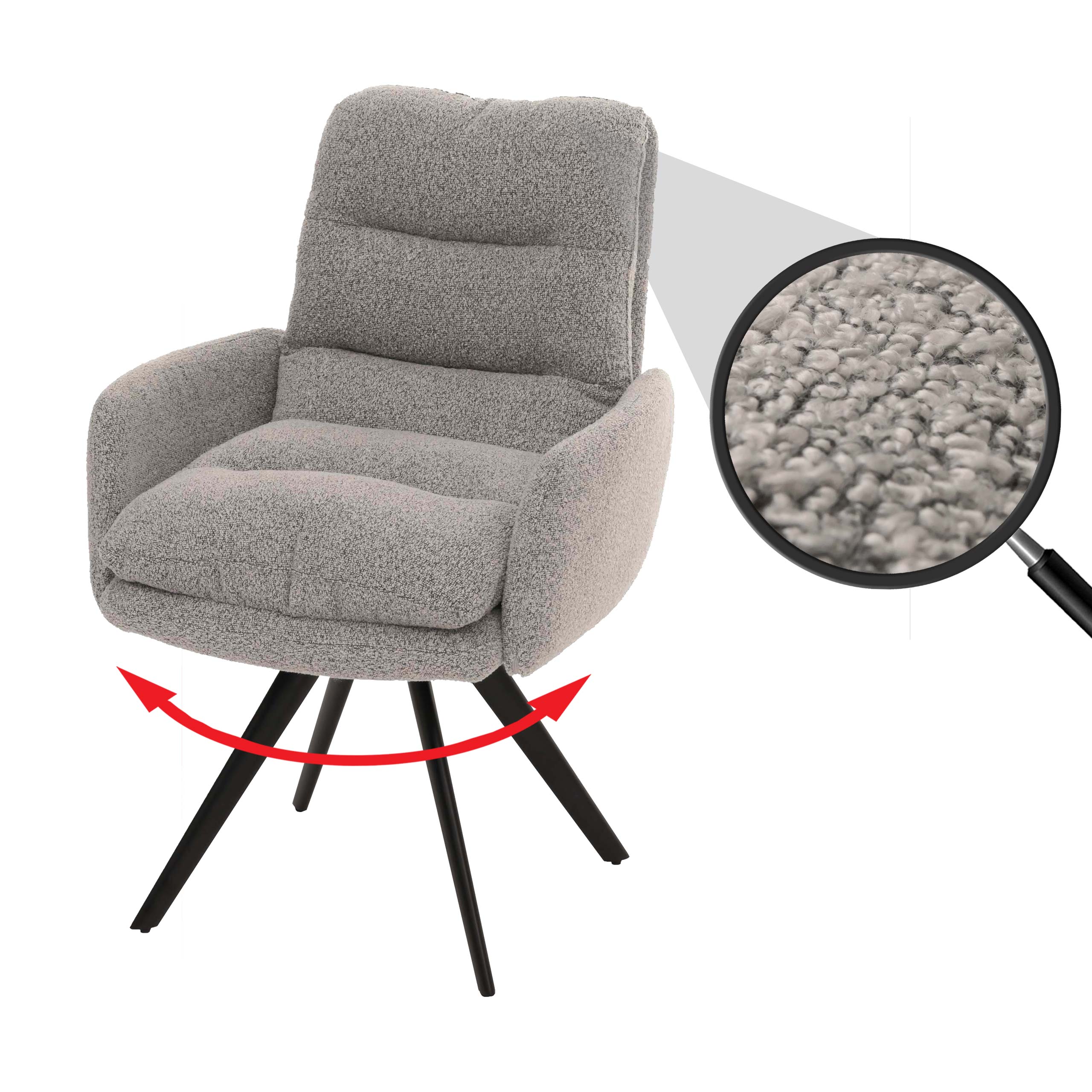 Esszimmerstuhl MCW-G66, K&uuml;chenstuhl Stuhl, drehbar Auto-Position Stoff/Textil Boucl&eacute; MVG ~ hellgrau, mit Armlehne 