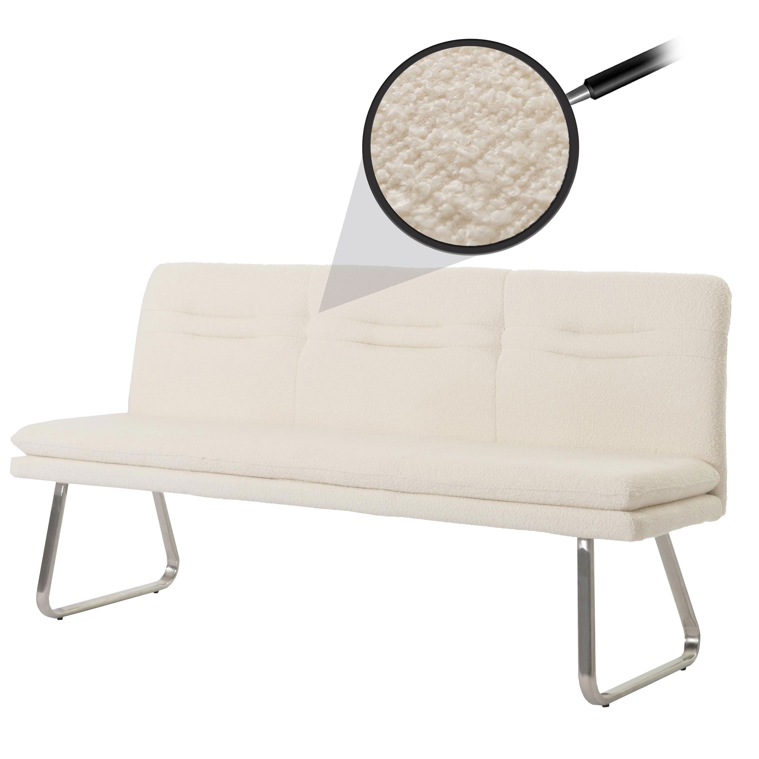 Sitzbank MCW-H70, Esszimmerbank Bank Polsterbank, Lehne Stoff/Textil Boucl&eacute; Edelstahl geb&uuml;rstet 180cm ~ creme 