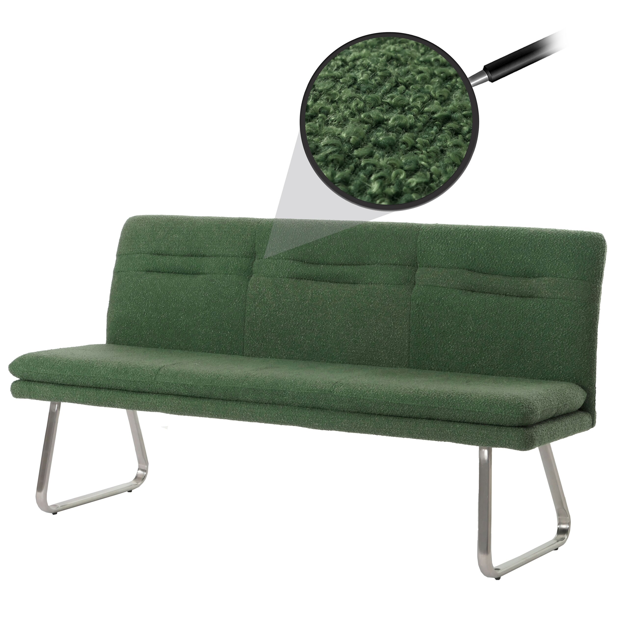Sitzbank MCW-H70, Esszimmerbank Bank Polsterbank, Lehne Stoff/Textil Boucl&eacute; Edelstahl geb&uuml;rstet 180cm ~ gr&uuml;n 
