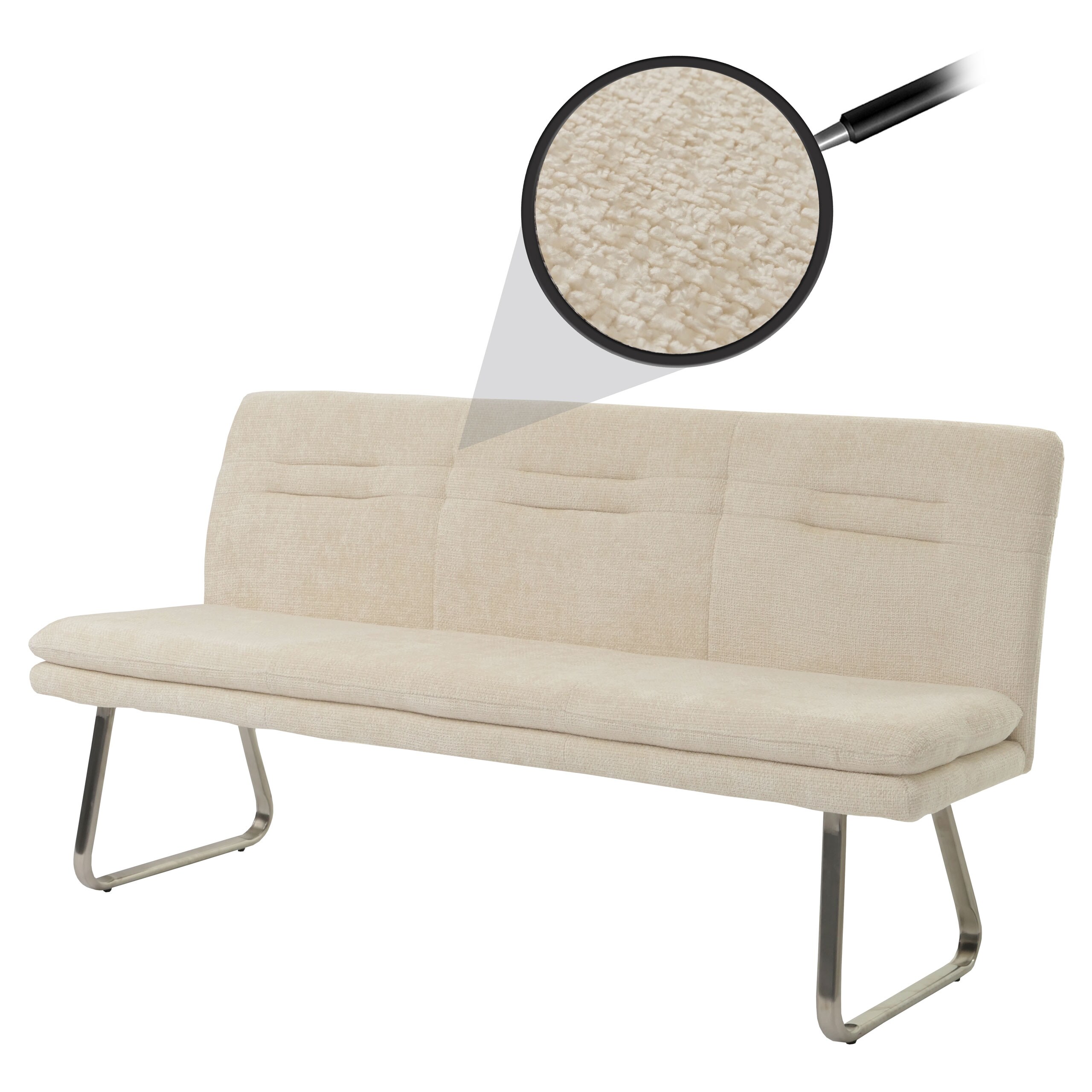 Sitzbank MCW-H70, Esszimmerbank Bank Polsterbank, Lehne Stoff/Textil Chenille Edelstahl geb&uuml;rstet 180cm ~ creme 