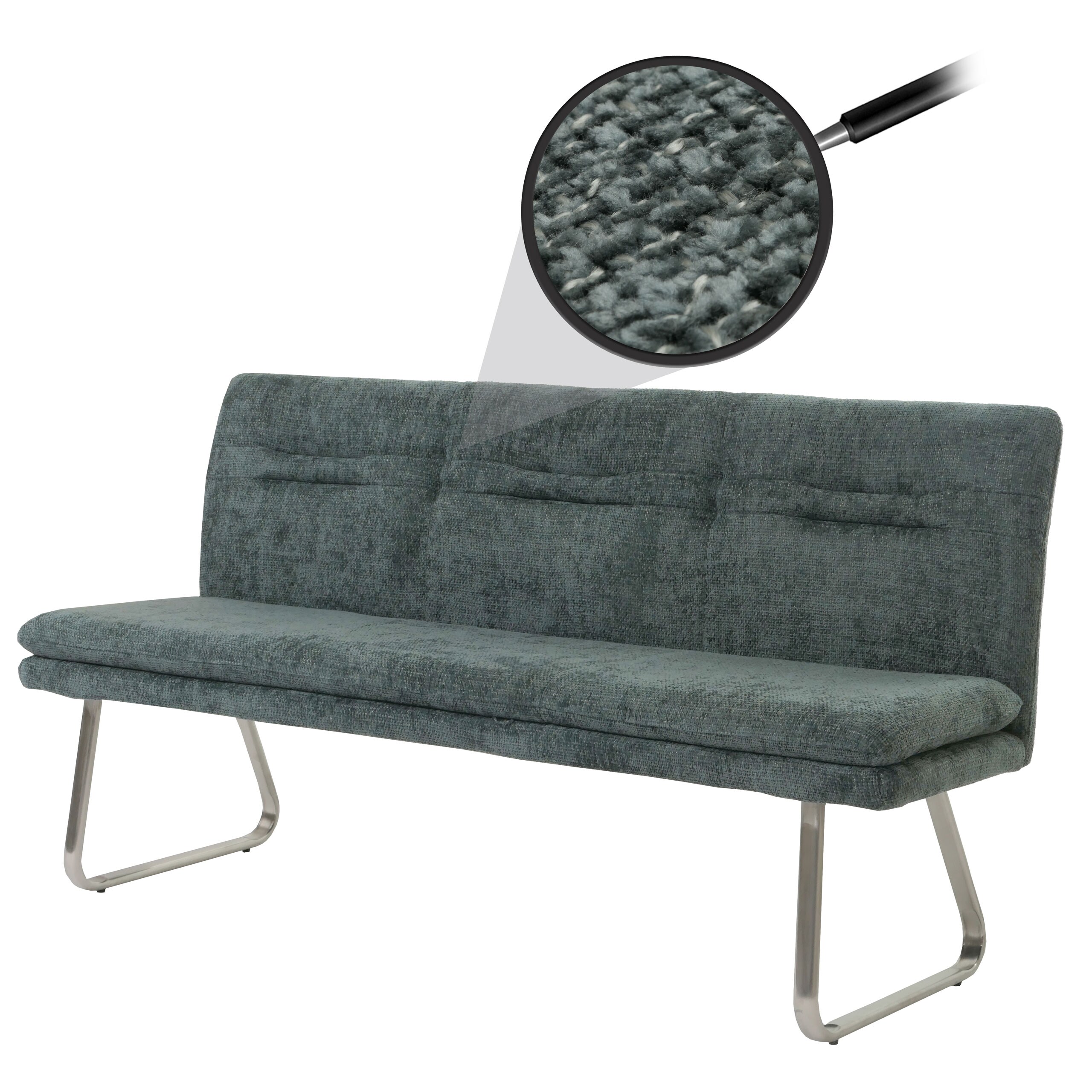 Sitzbank MCW-H70, Esszimmerbank Bank Polsterbank, Lehne Stoff/Textil Chenille Edelstahl geb&uuml;rstet 180cm ~ blau-gr&uuml;n 