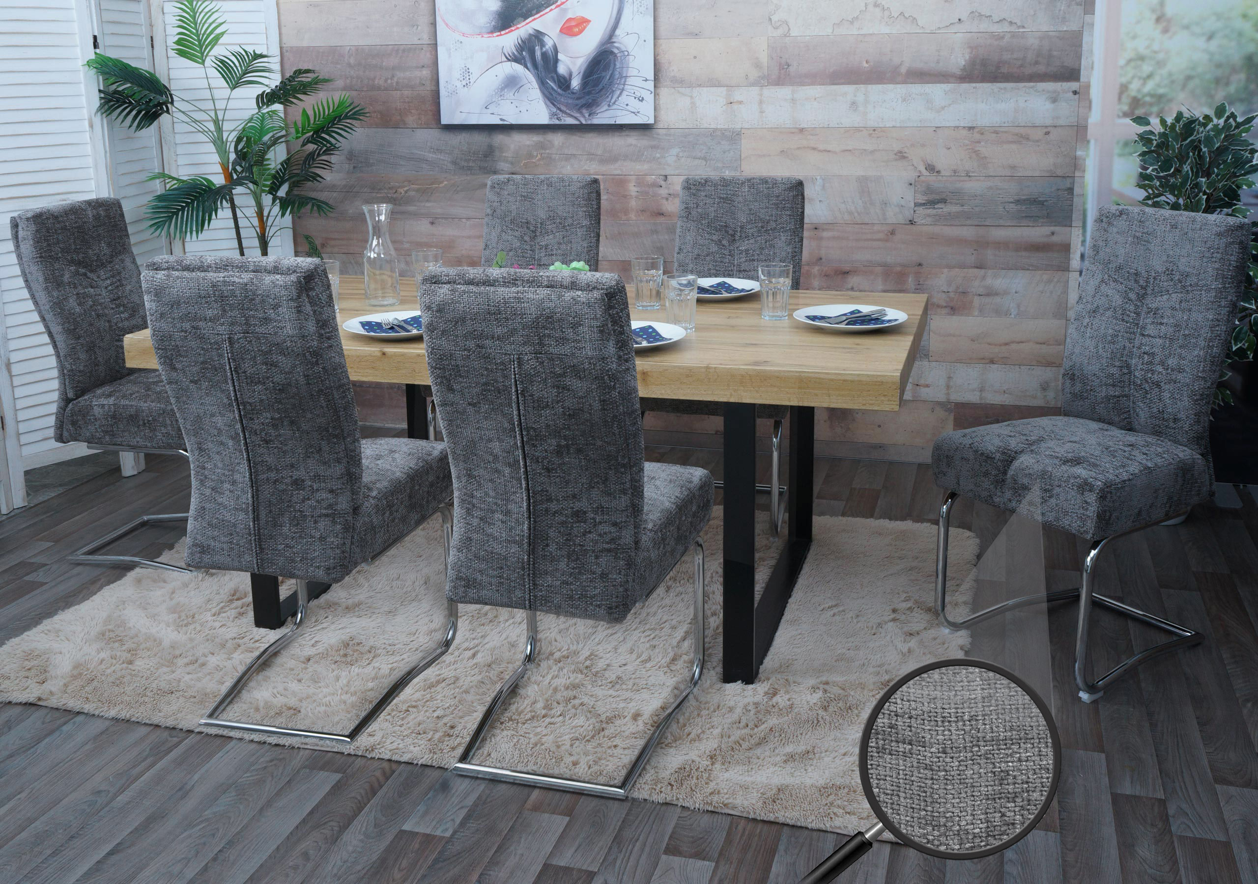 6er-Set Esszimmerstuhl MCW-G56, K&uuml;chenstuhl Freischwinger Stuhl Lehnstuhl, Metall Stoff/Textil Chenille ~ dunkelgrau 