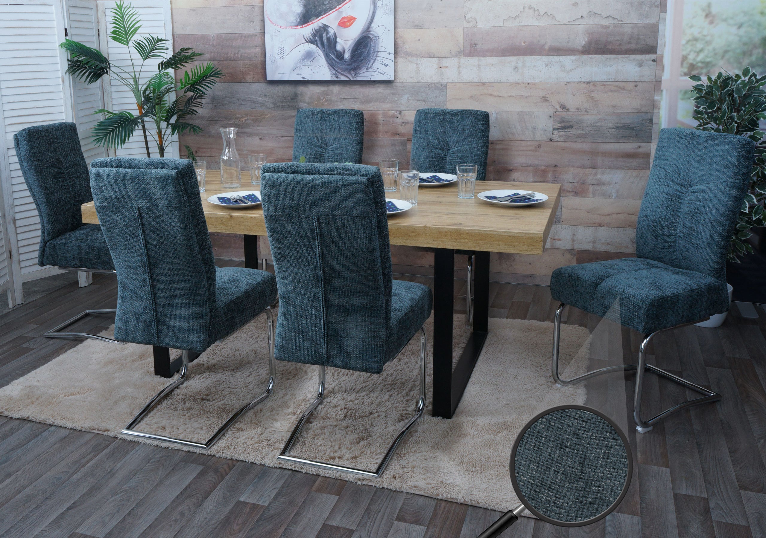 6er-Set Esszimmerstuhl MCW-G56, K&uuml;chenstuhl Freischwinger Stuhl Lehnstuhl, Metall Stoff/Textil Chenille ~ blau-gr&uuml;n 