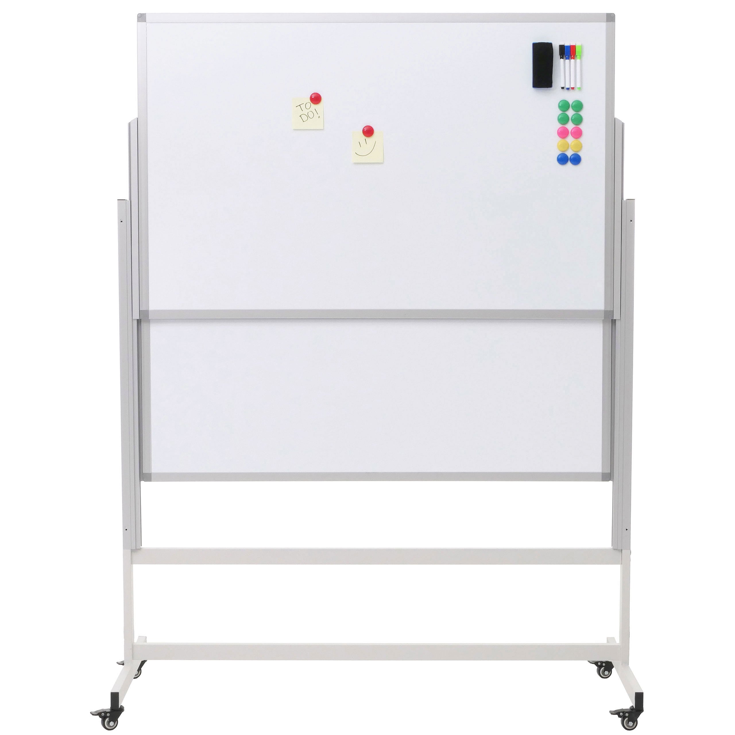 Whiteboard MCW-L87, Magnettafel, zwei Tafeln beidseitig beschreibbar h&ouml;henverstellbar rollbar inkl. Zubeh&ouml;r 101x69cm 