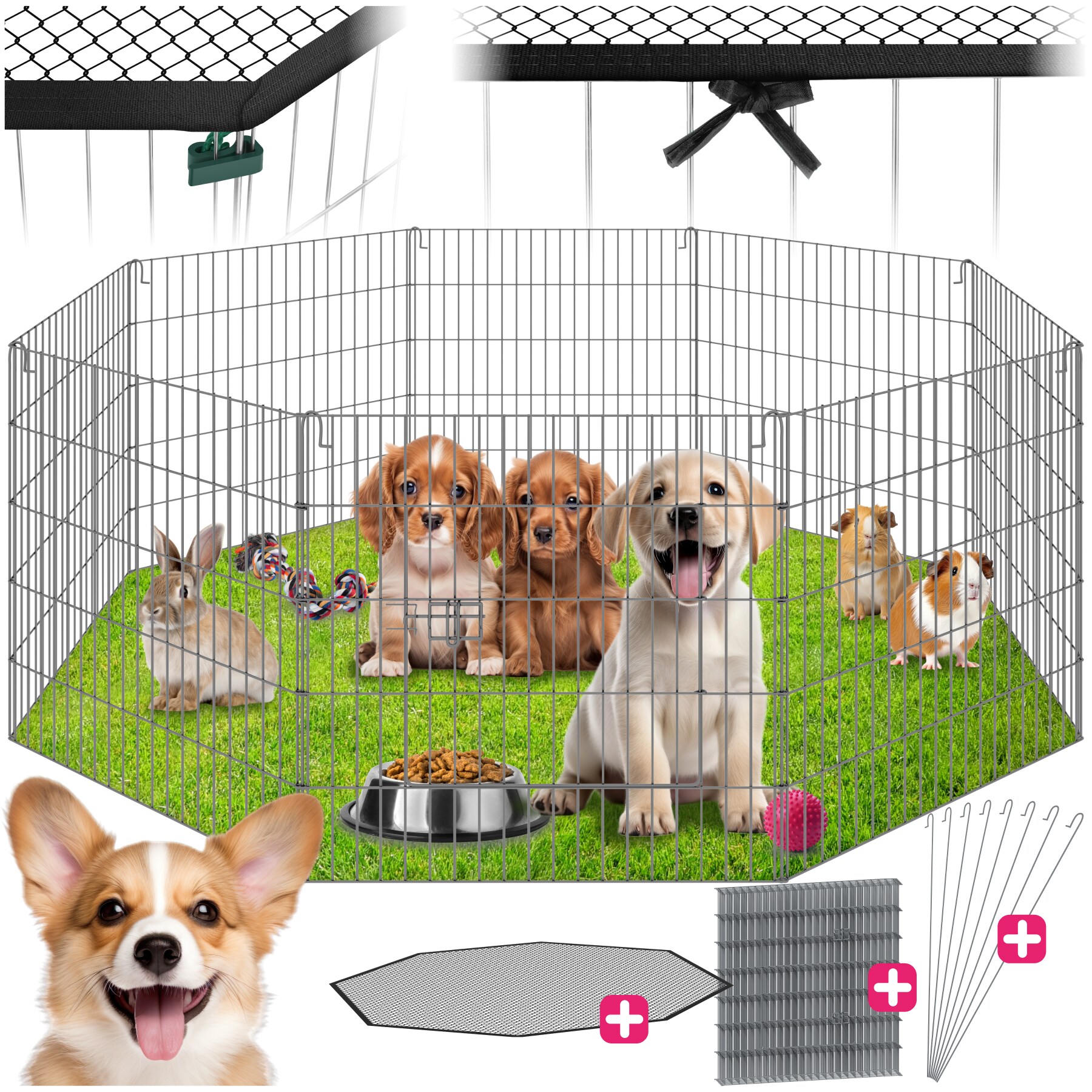 tectake&reg; Freilaufgehege, aus 8 Gitterelementen, gro&szlig;e T&uuml;r mit Verriegelung, 145 x 73 cm 