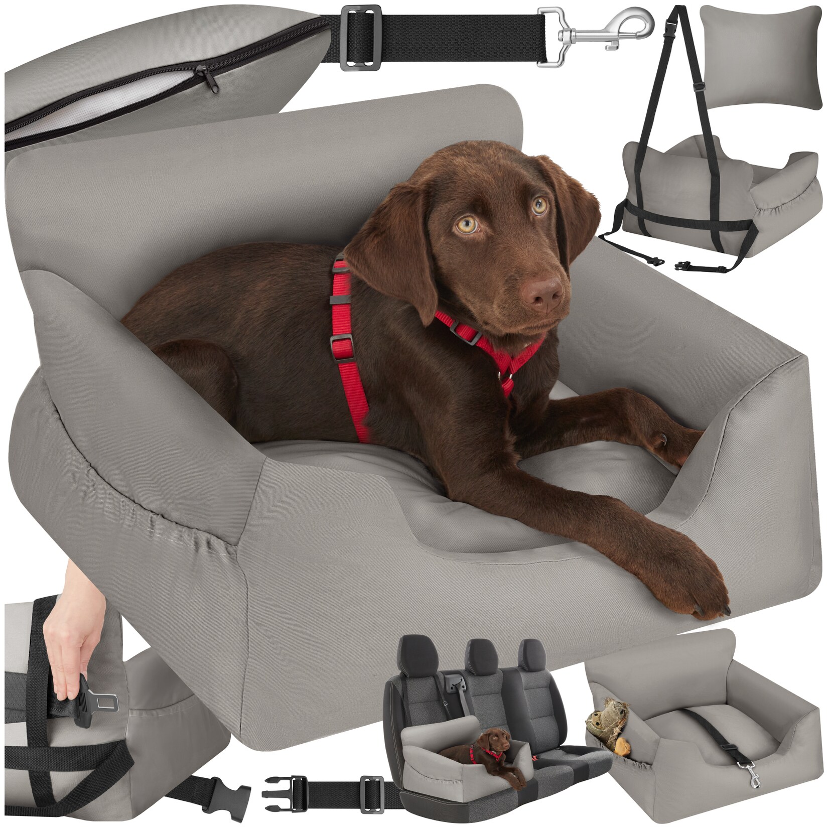tectake® Hundeautositz, mit Sicherheitsleine und 2 Befestigungsgurten, längenverstellbar, abnehmbare Bezüge aus Canvas, wasserabweisend und waschbar, 55 x 50 x 29 cm