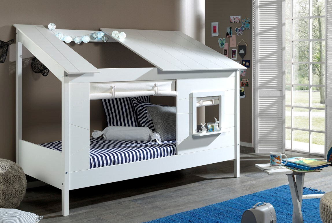 Baumhaus Bett 90 x 200 cm Liegefl&auml;che, inkl. Vorhang Set, offenes Dach in Wei&szlig; 