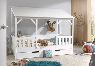 Hausbett mit 90 x 200 cm Liegefläche und Bettschublade, Korpus Weiß lackiert, Dach in Weiß 