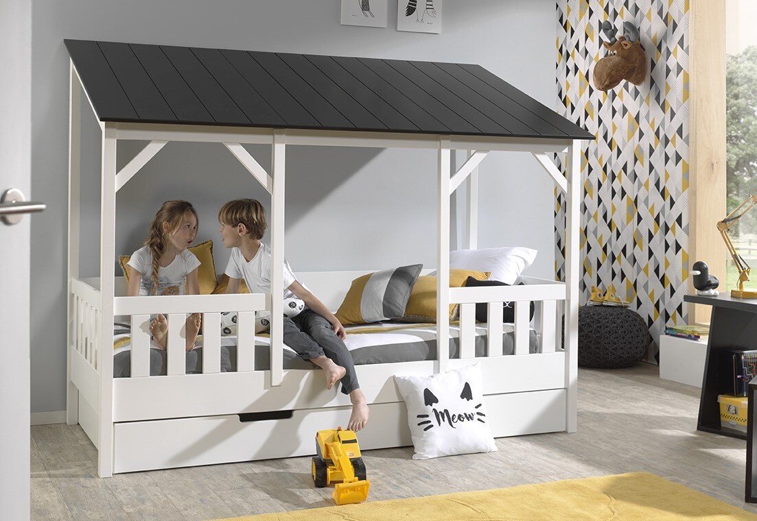 Hausbett mit 90 x 200 cm Liegefl&auml;che und Bettschublade, Korpus Wei&szlig; lackiert, Dach in Schwarz 