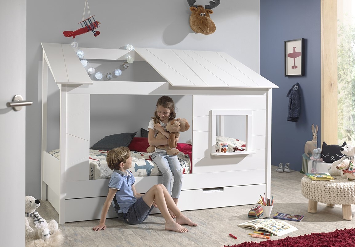 Baumhaus Bett 90 x 200 cm Liegefl&auml;che und Bettschublade offenes Dach Wei&szlig; lackiert 