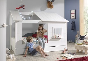 Baumhaus Bett 90 x 200 cm Liegefläche und Bettschublade offenes Dach Weiß lackiert 