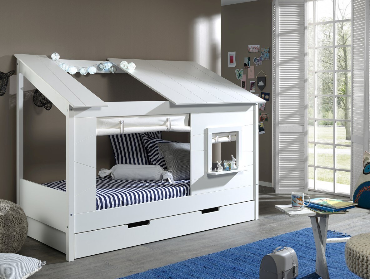 Baumhaus Bett 90 x 200 cm Liegefl&auml;che, inkl. Vorhang Set und Bettschublade, offenes Dach Wei&szlig; lackiert 