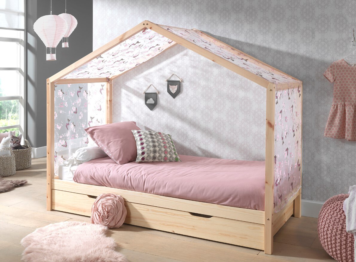 Dallas 3 Hausbett 90 x 200 cm Liegefl&auml;che inkl. Bettschublade und Textilhimmel, Natur 