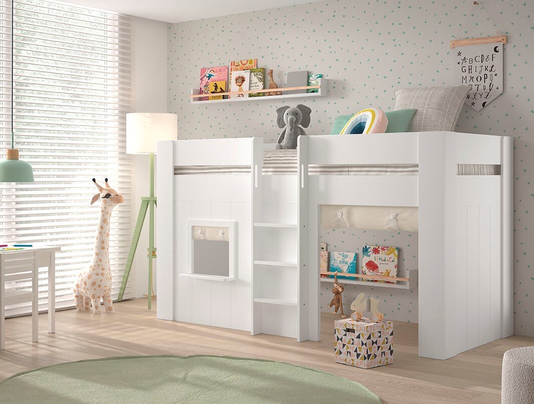 RENO halbhohes Spielbett 90 x 200 cm Liegefl&auml;che inkl. Vorhang Set, Creme-Wei&szlig; 