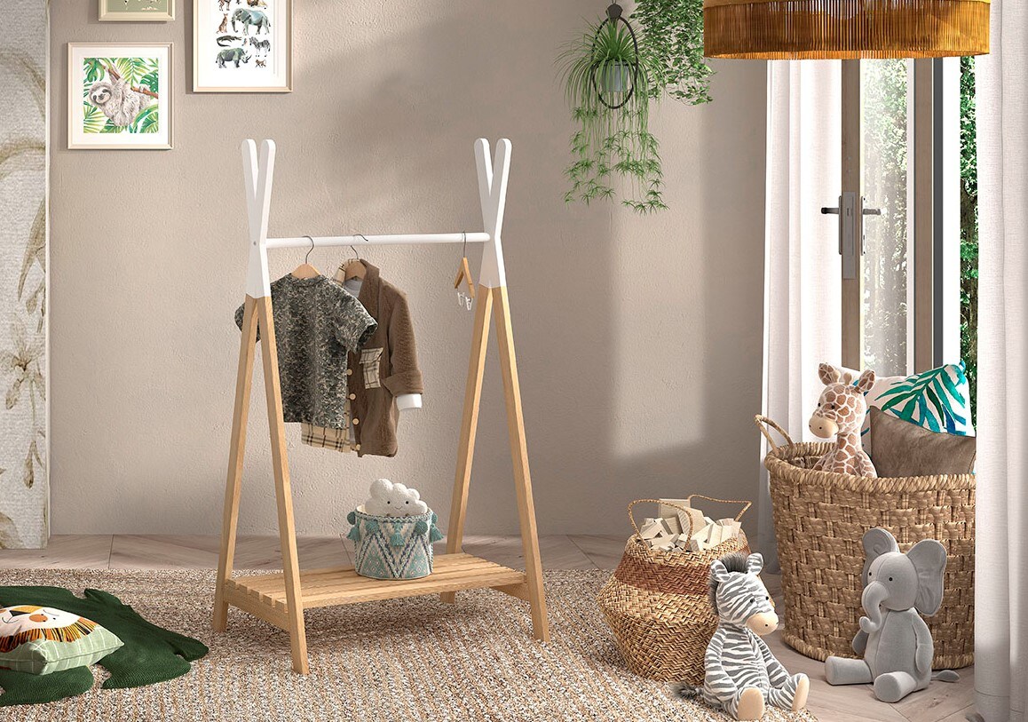 Kleiderst&auml;nder mit Ablage aus der Serie Kiddy, Ausf. Kiefer massiv natur/wei&szlig; lackiert 