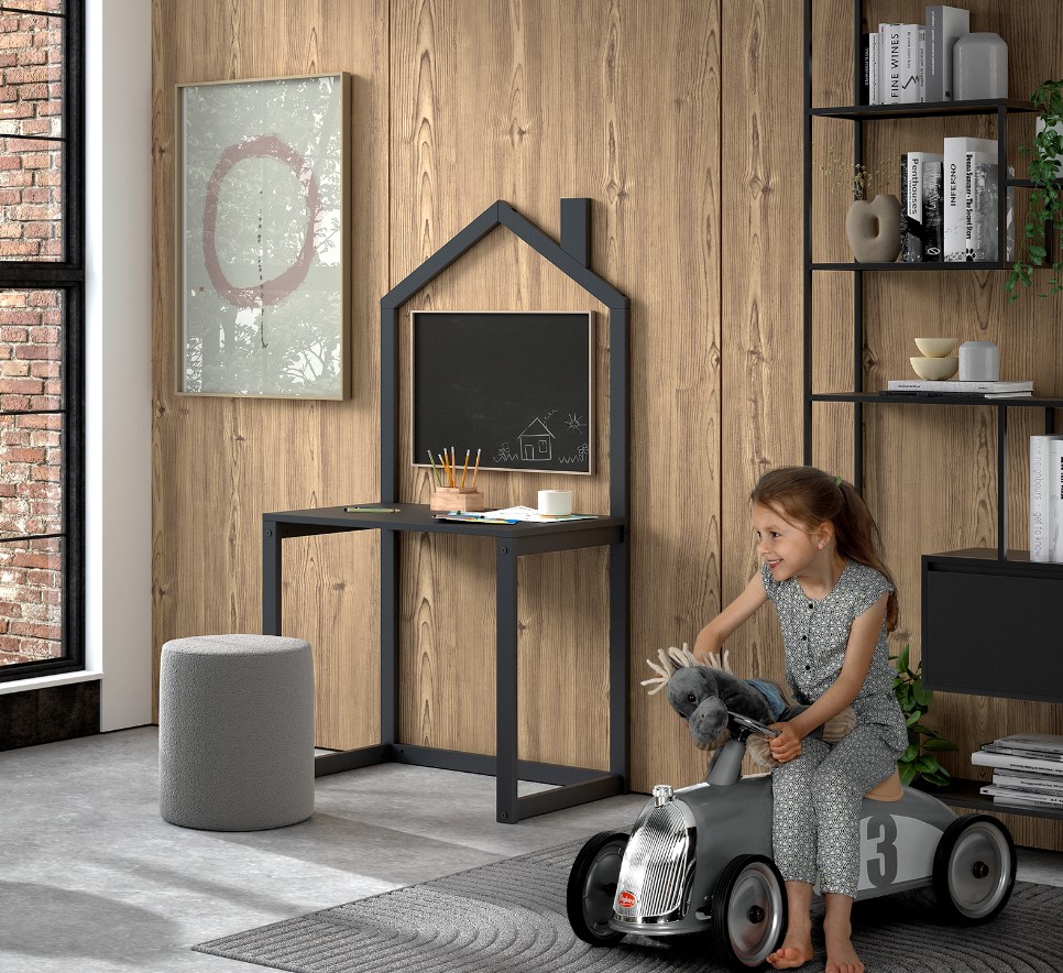 DALLAS Kinderschreibtisch mit Haus-Optik aus massiver Kiefer, Anthrazit lackiert 