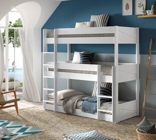 SCOTT Etagenbett mit 3 Liegeflächen 90 x 200 cm, inkl. Rolllattenrost u. Leiter, Ausf. Kiefer weiß lackiert 