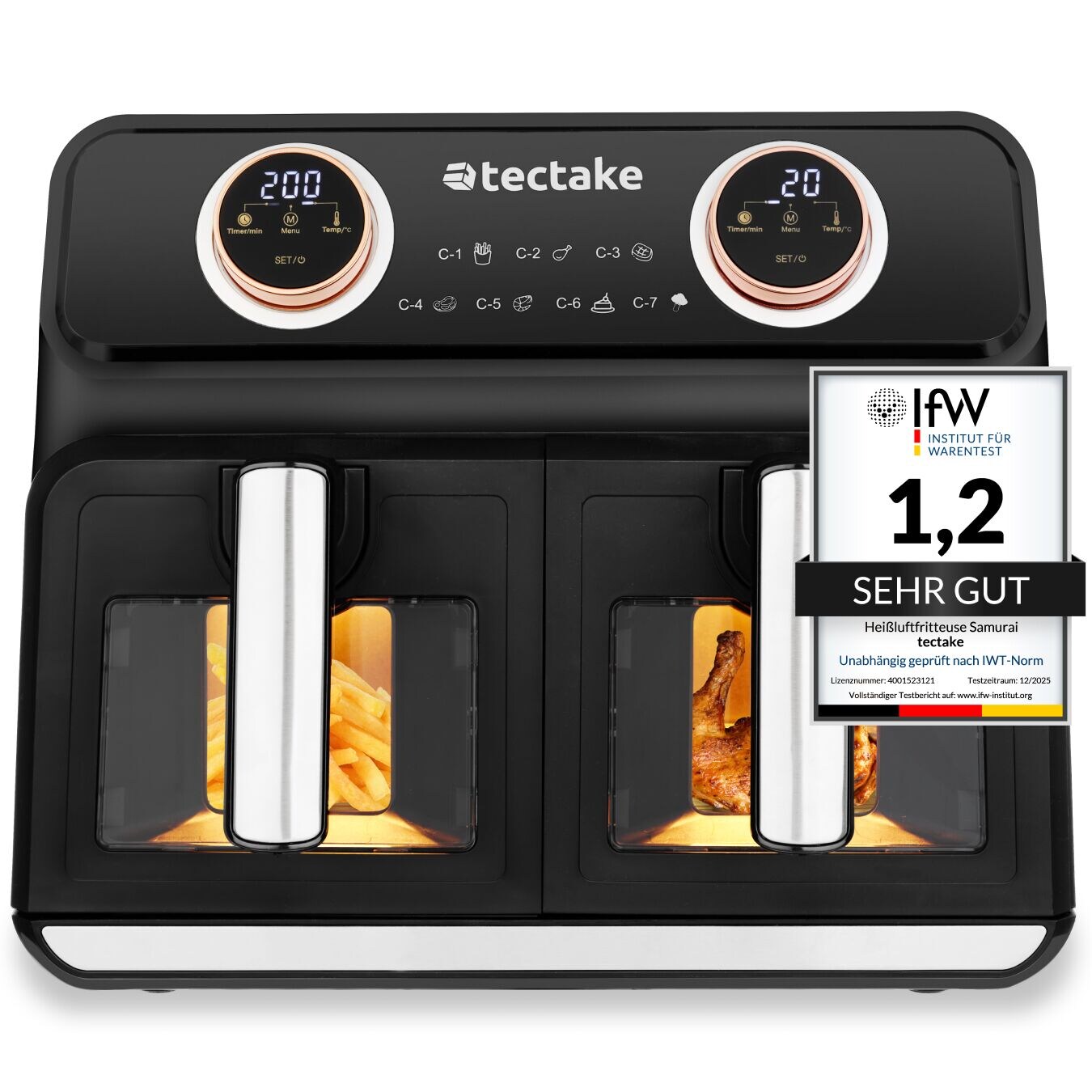 tectake® Heißluftfritteuse , 2 Garräume, je , 2400 W, individuelle Zeit- und Temperaturregelung je Kammer, 37,5 x 39 x 31,5 cm GS-Zertifikat, inklusive Rezeptheft