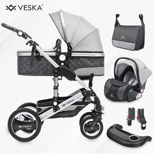VESKA® 3 in 1 Kombi-Kinderwagen Buggy Reisebuggy inkl. Auto- Babyschale Jogger Faltbar - Silber - anthrazit/grau 