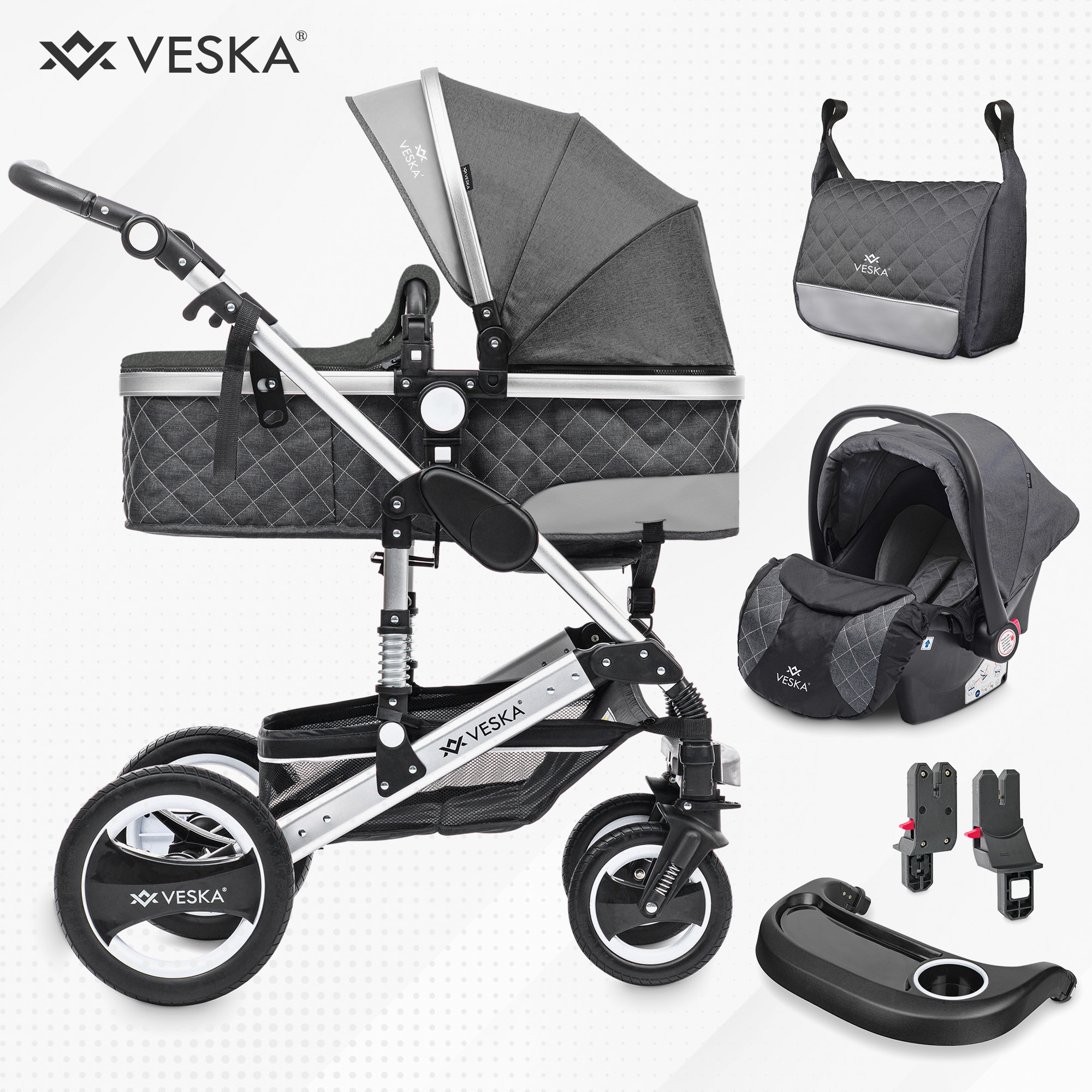 VESKA&reg; 3 in 1 Kombi-Kinderwagen Buggy Reisebuggy inkl. Auto- Babyschale Jogger Faltbar - Silber - anthrazit/anthrazit 