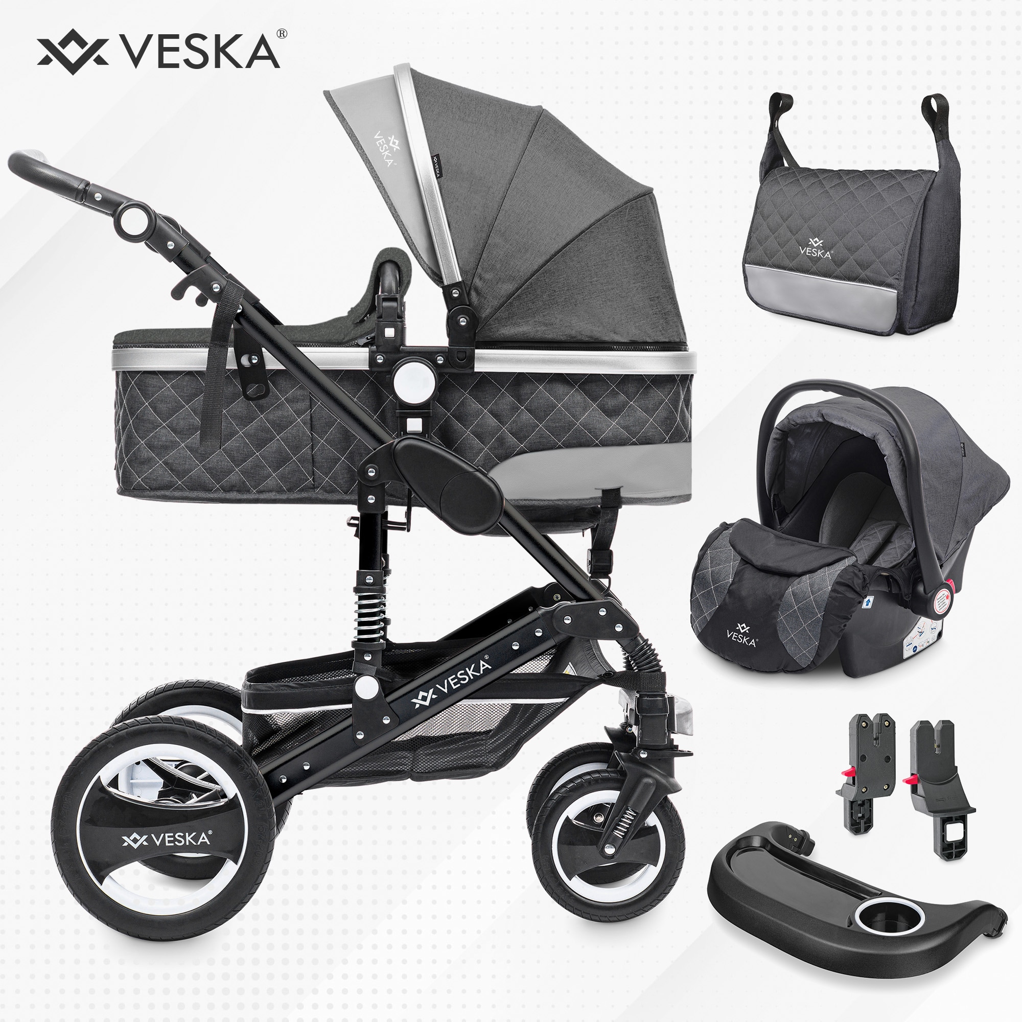 VESKA&reg; 3 in 1 Kombi-Kinderwagen Buggy Reisebuggy inkl. Auto- Babyschale Jogger Faltbar - Schwarz - anthrazit/anthrazit 