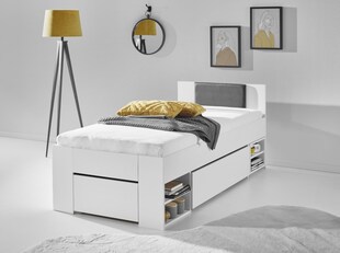 Stauraumbett Stefan 90x200cm, 2 Schubladen, Nako auf Rollen, Kopfteil m. Kunstleder schwarz, Ausf. Dekor weiß 