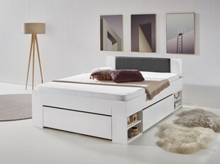 Stauraumbett Stefan 140x200cm, 3 Schubladen, 2 Nako auf Rollen, Kopfteil m. Kunstleder schwarz, Ausf. Dekor weiß 