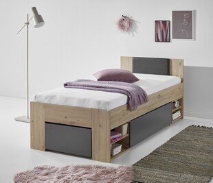 Stauraumbett Stefan 90x200cm, 2 Schubladen, Nako auf Rollen, Kopfteil m. Kunstleder schwarz, Ausf. Dekor Artisan-Graphit 