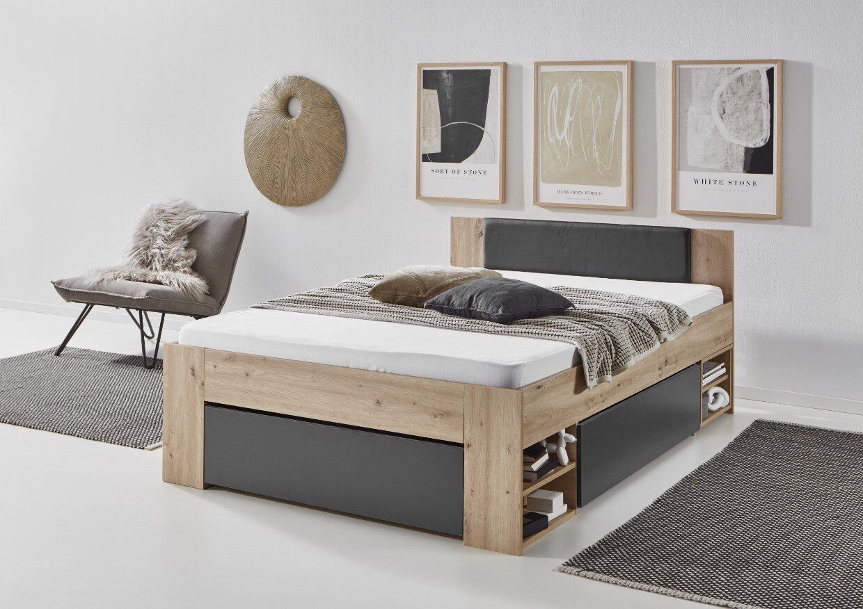 Stauraumbett Stefan 140x200cm, 3 Schubladen, 2 Nako auf Rollen, Kopfteil m. Kunstleder schwarz, Ausf. Dekor Artisan-Grpahit 