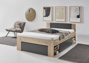 Stauraumbett Stefan 140x200cm, 3 Schubladen, 2 Nako auf Rollen, Kopfteil m. Kunstleder schwarz, Ausf. Dekor Artisan-Grpahit 