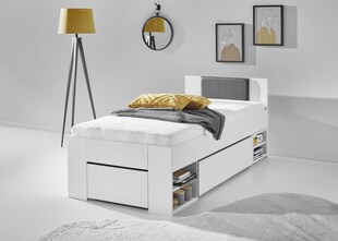 Stauraumbett Stefan inkl. RR 90x200cm inkl. Rolllattenrost, 2 Schubladen, Nako auf Rollen, Kopfteil m. Kunstleder schwarz, Ausf. Dekor weiß 