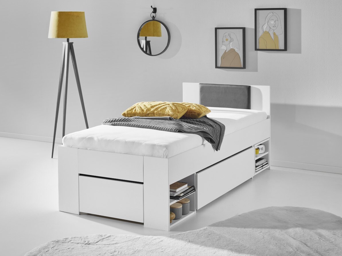 Stauraumbett Stefan inkl. RR 140x200cm inkl. Rolllattenrost, 3 Schubladen, 2 Nako auf Rollen, Kopfteil m. Kunstleder schwarz, Ausf. Dekor wei&szlig; 