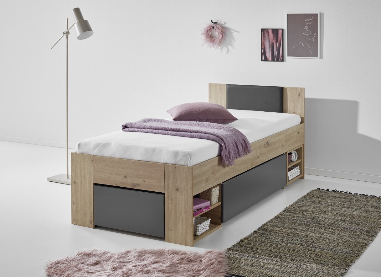 Stauraumbett Stefan inkl. RR 90x200cm inkl. Rolllattenrost, 2 Schubladen, Nako auf Rollen, Kopfteil m. Kunstleder schwarz, Ausf. Dekor Artisan-Graphit 