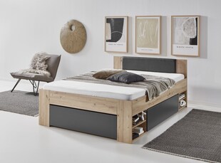 Stauraumbett Stefan inkl. RR 140x200cm inkl. Rolllattenrost, 3 Schubladen, 2 Nako auf Rollen, Kopfteil m. Kunstleder schwarz, Ausf. Dekor Artisan-Grpahit 