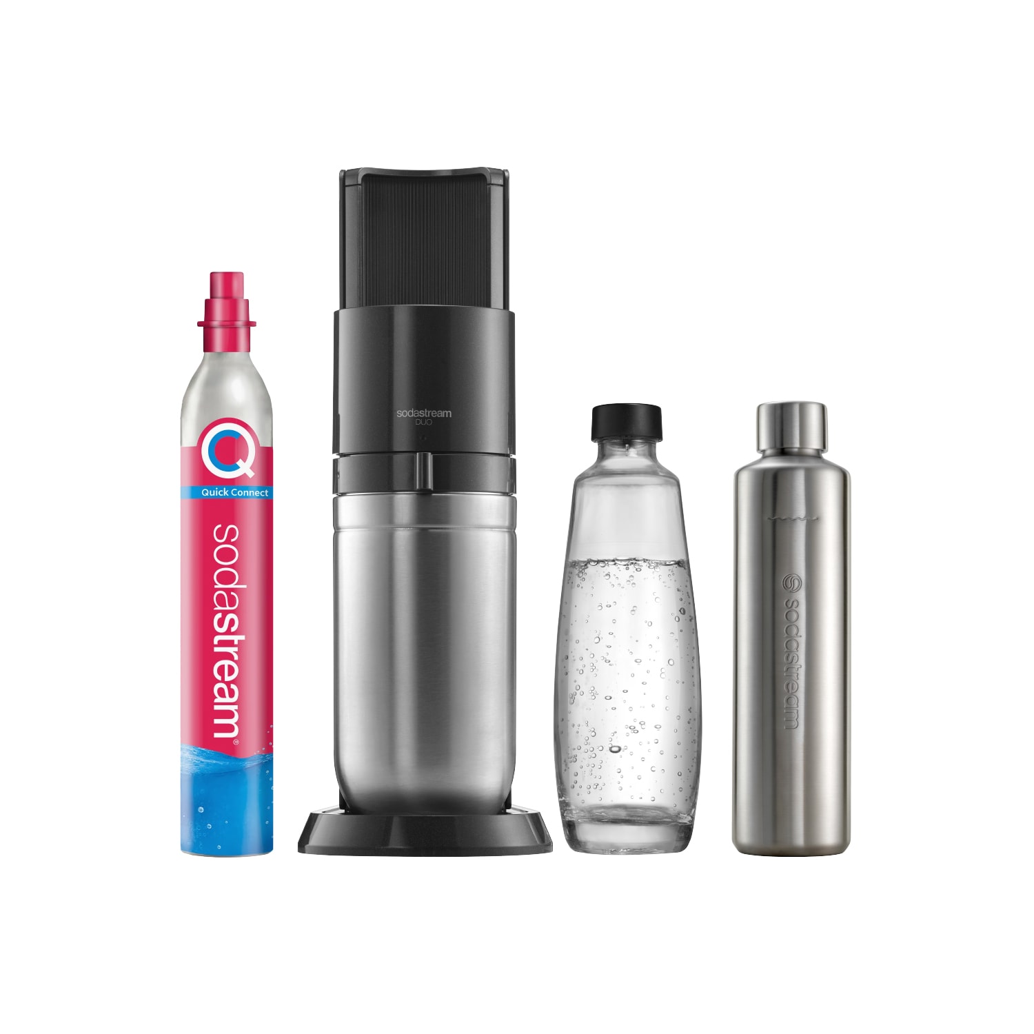DUO Wassersprudler titan, Bundle (1x Glasfl. 1L + 1x Metal 0,8L, DWS, 1x QC) 
