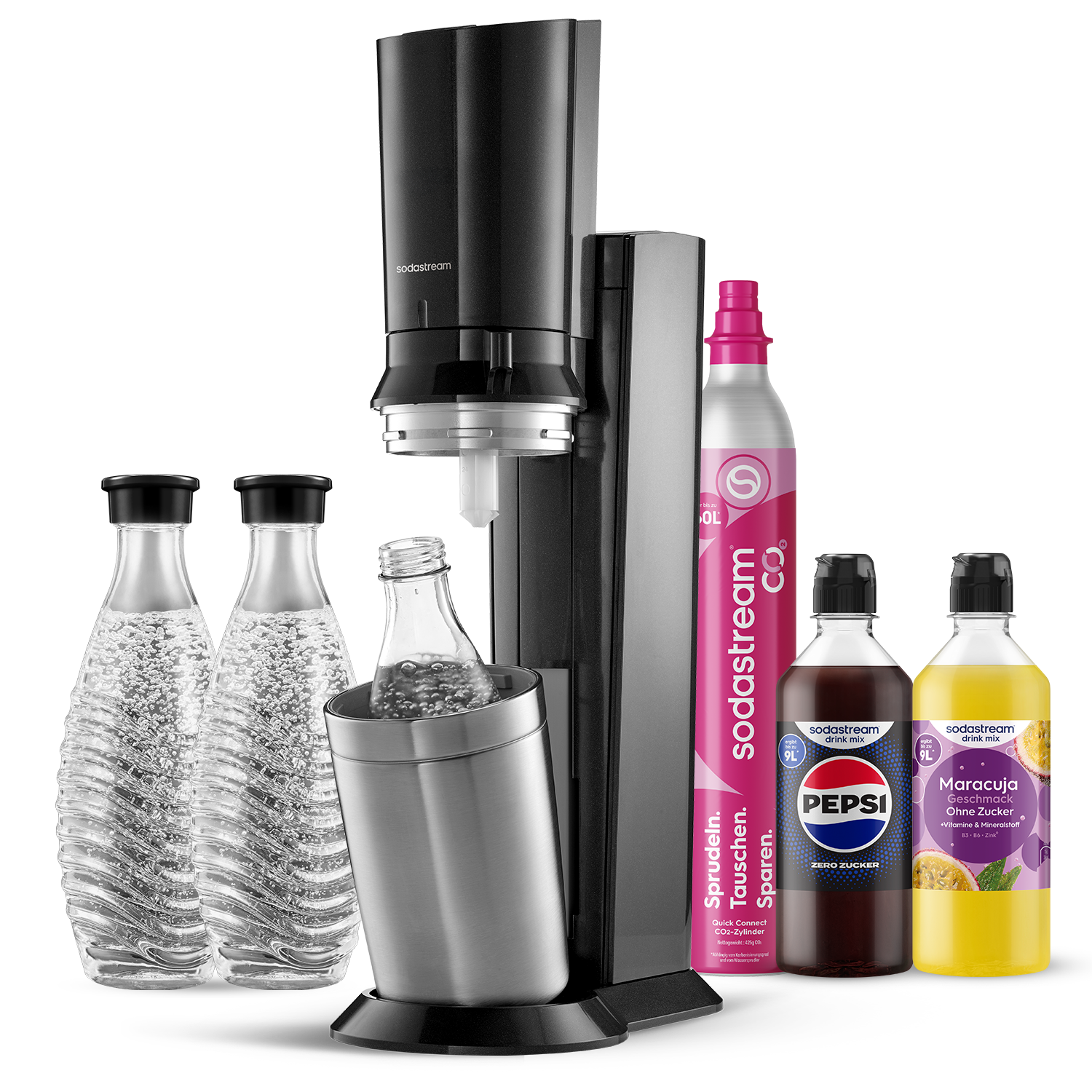 CRYSTAL 3.0 Wassersprudler titan, Bundle inkl. 3x Glasflasche, 1x Sodastream Maracuja ohne Zucker Sirup, 1x Pepsi Zero Zucker Sirup, 1x …