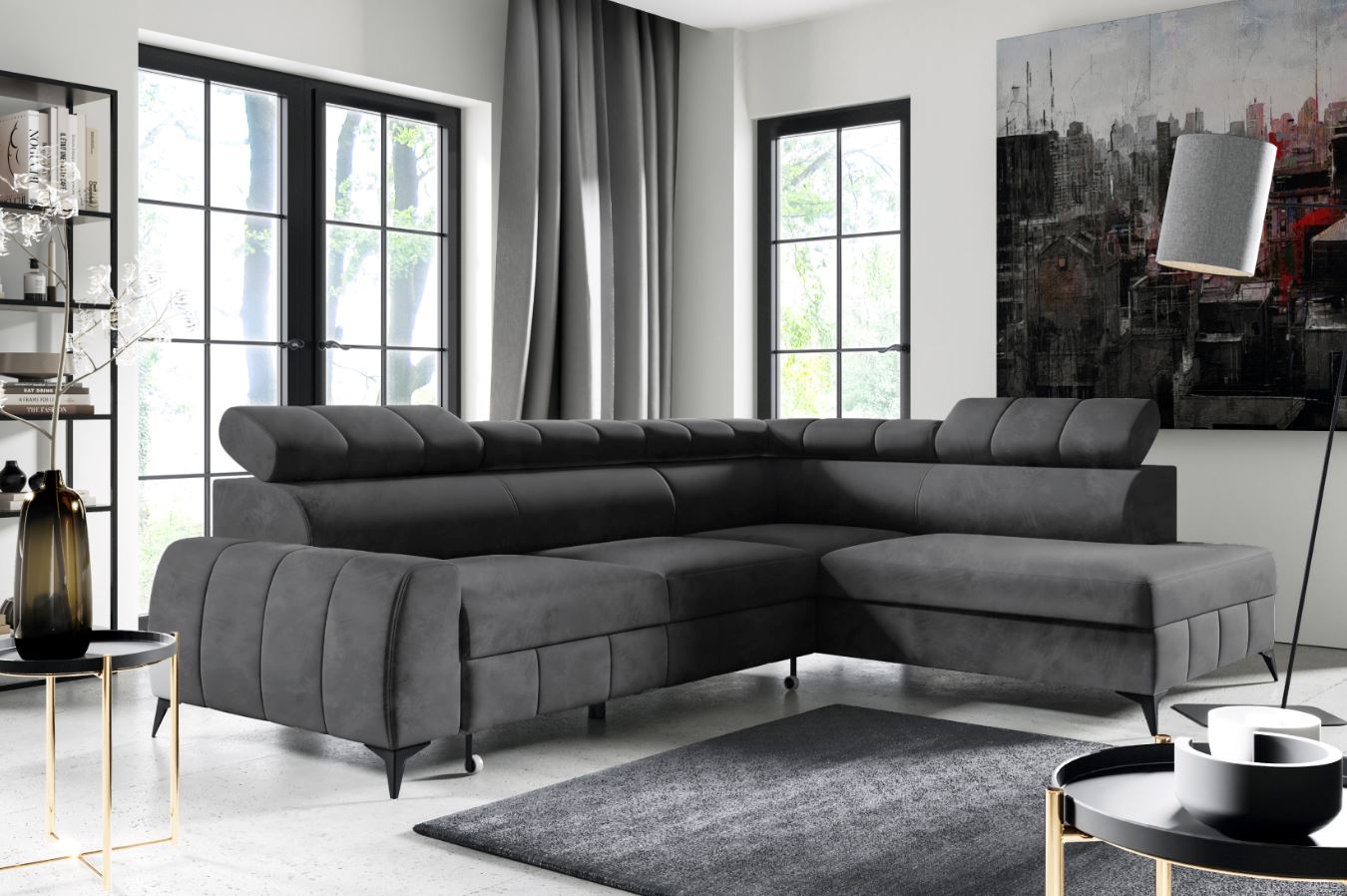 M-Punkt Wohnlandschaft Ecksofa LAGOS Samt Grau Anthrazit mit Bett Bettkasten Kopfteilverstellung Bett Sofa Schlafsofa Ottomane rechts 