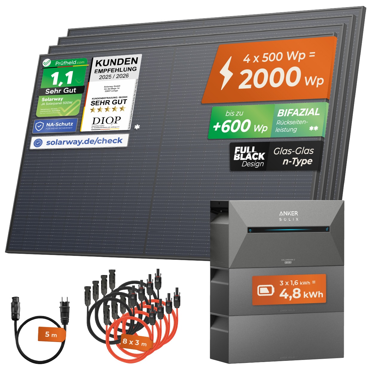 Solarway&reg; All In One Balkonkraftwerk mit Speicher 2000W komplett Steckdose - 4,8 kWh Anker Solix 2 PRO Speicher - Solaranlage Komplettset - 500W bifaziale Solarmodule & Anker Speicher & Zubeh&ouml;r 