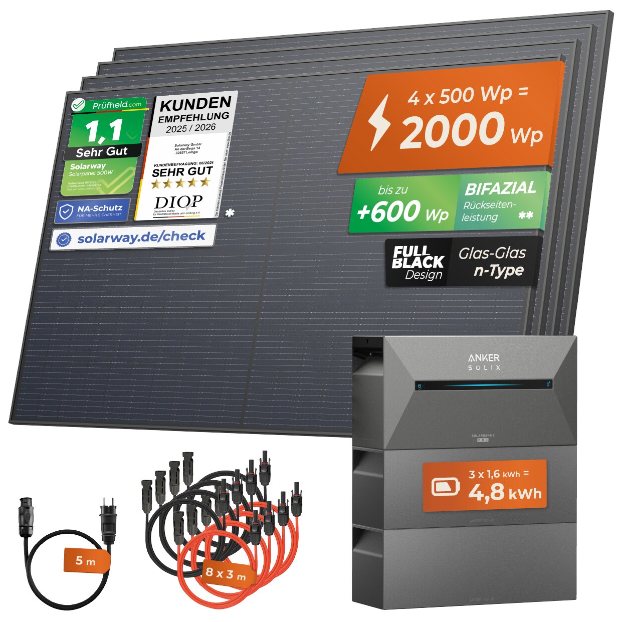® All In One Balkonkraftwerk mit Speicher 2000W komplett Steckdose - 4,8 kWh Anker Solix 2 PRO Speicher - Solaranlage Komplettset - 500W bifaziale Solarmodule & Anker Speicher & Zubehör