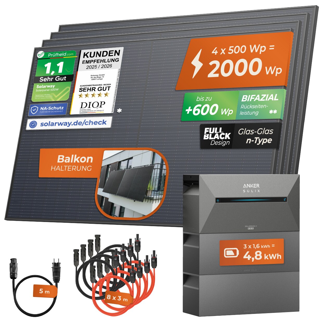 ® All In One Balkonkraftwerk mit Speicher 2000W komplett Steckdose - 4,8 kWh Anker Solix 2 PRO Speicher - Solaranlage Komplettset - 500W bifaziale Solarmodule & Anker Speicher & Zubehör